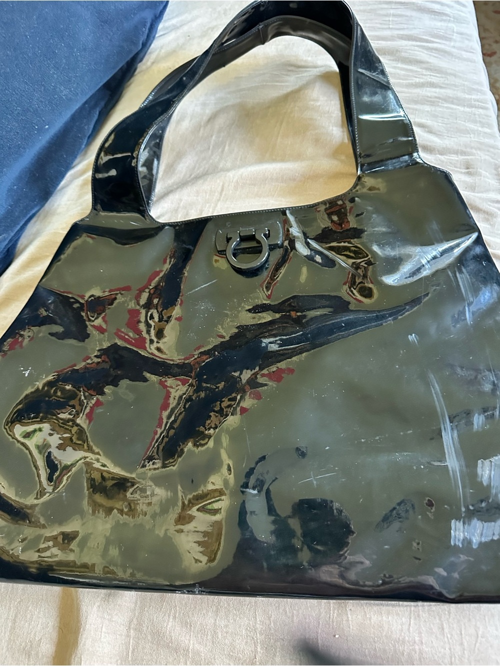 Vintage Ferragamo Black Patent Shoulder Tote Bag with Ring Accent - Picture 8 of 8